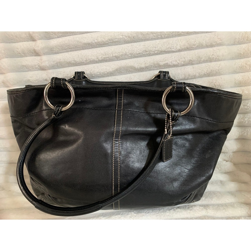Coach Ergo Black Leather Tote Bag Silver Hardware Contrast Stitch Zip Top#813